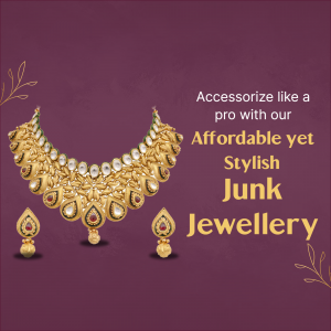 A golden junk jewellery necklace and earring set featuring intricate designs and white stone accents against a deep purple background.