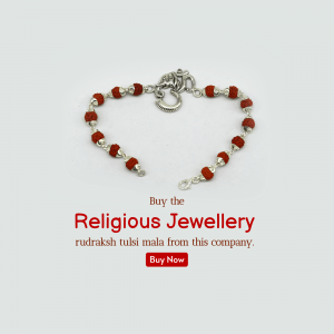 A silver and rudraksh bead bracelet against a light background with text overlay promoting a religious jewelry product.
