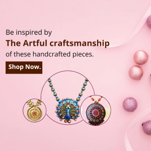Various handcrafted traditional Indian jewelry pieces including a peacock necklace on a pink background