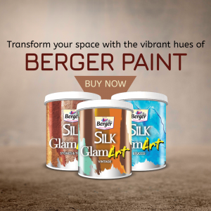 Three paint cans of Berger Silk GlamArt displayed against a soft textured background with advertisement text.