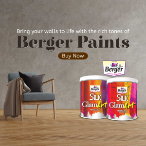 Berger Paints Silk GlamArt metallic paint cans sitting next to a modern chair on a wooden floor