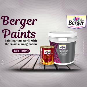 Promotional image featuring Berger Luxol and Florentina paint cans on a wooden platform