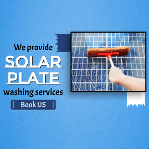 A hand using a squeegee to clean a dirty solar panel against a blue background with promotional text