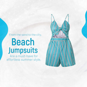 A stylish turquoise striped summer beach jumpsuit displayed on a light textured background