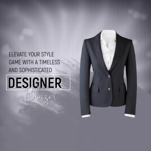 A professional navy blue designer blazer on a mannequin with white shirt underneath against a grey textured background.