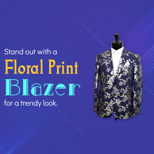 A stylish navy blue floral print blazer on a mannequin with marketing text overlaid