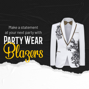 A white mens party blazer with floral embroidery and gold trim against a dark black textured background