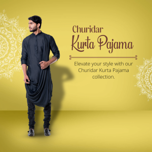 A man wearing a black stylish traditional churidar kurta pajama against a yellow background.
