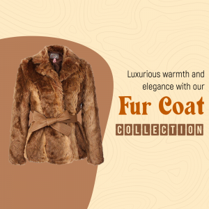 A brown faux fur coat with a tie-waist belt displayed on a stylish graphic background.