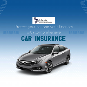 A silver sedan featured in a promotional graphic for Liberty General Insurance comprehensive car insurance.