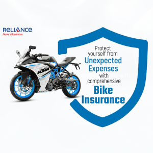 KTM motorcycle displayed alongside a blue protective shield graphic promoting Reliance General Insurance bike coverage