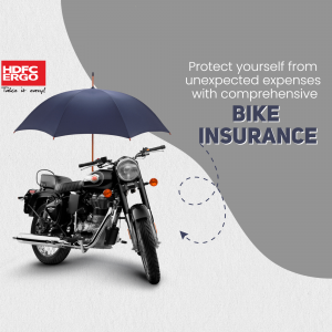 A black Royal Enfield motorcycle under a blue umbrella representing HDFC ERGO bike insurance protection