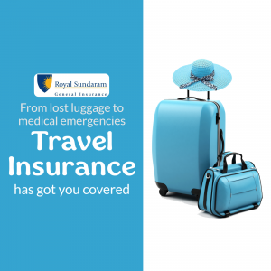 Royal Sundaram travel insurance promotion featuring a blue suitcase and sun hat