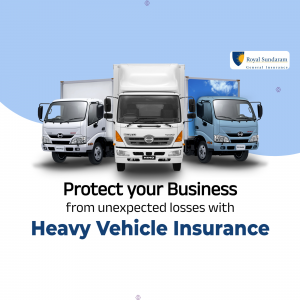 A graphic featuring three Hino trucks promoting Heavy Vehicle Insurance for businesses by Royal Sundaram General Insurance.