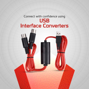 USB interface converter cable with red cords and black connectors on a light grey background
