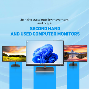 A collection of three used computer monitors displayed against a blue promotional background.