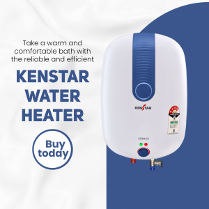 Kenstar Spring water heater mounted on a wall with promotional text