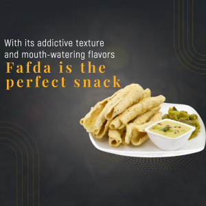 A plate of crispy Indian snack Fafda served with chutney and green chilies on a dark background
