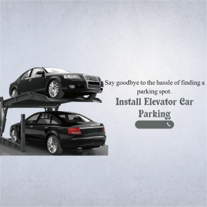 A graphic advertisement for a two-level elevator car parking system featuring two black cars stacked on top of each other.