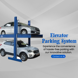 A two-tier elevator parking system showing a car parked above another car, demonstrating space-saving parking solutions.