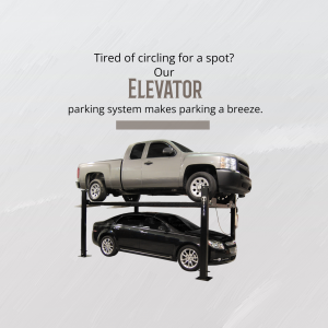 Two-level elevator parking system showcasing a pickup truck on top and a sedan underneath