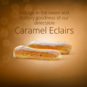 Two delicious caramel eclairs on a warm glowing brown background with bokeh effect
