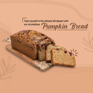 A loaf of sliced pumpkin bread with cranberries on a wooden board against a soft peach background.