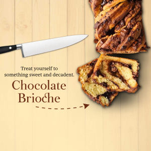 A fresh chocolate brioche loaf next to a kitchen knife on a wooden table with text overlay.