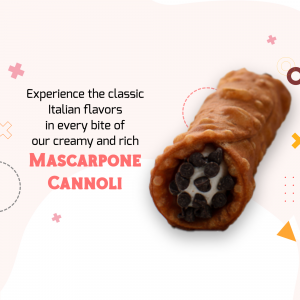A delicious crispy Italian mascarpone cannoli filled with chocolate chips on a soft pink background