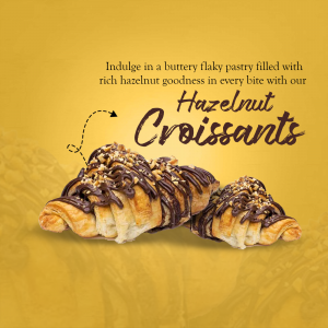 Two golden buttery flaky hazelnut croissants topped with chocolate drizzle on a mustard yellow background