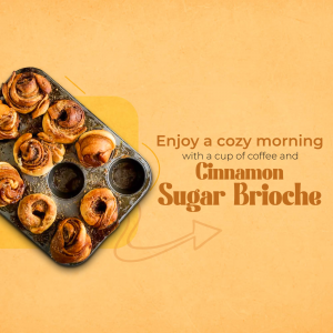 Freshly baked cinnamon sugar brioche rolls in a muffin tin against a warm orange background with text overlay