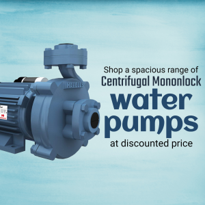 A blue industrial centrifugal water pump against a light blue background advertising a sale