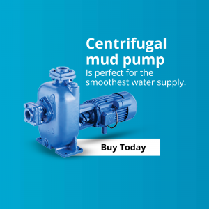 A blue centrifugal mud pump displayed against a blue gradient background with text overlay.