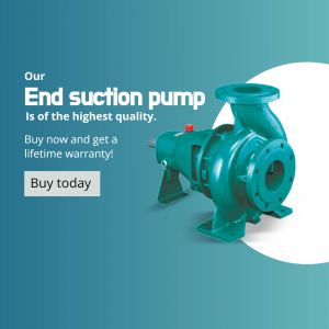 A teal-colored industrial end suction pump displayed on a promotional graphic with text offering a lifetime warranty.