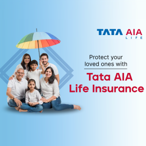 A happy multi-generational family protected by a colorful umbrella representing Tata AIA Life Insurance