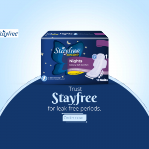 Stayfree Secure Nights sanitary pad packaging design with promotional text