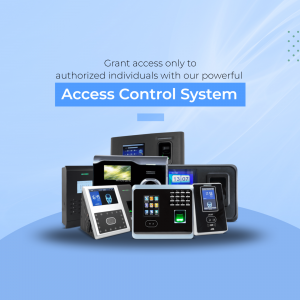 A collection of various biometric access control devices including fingerprint and face scanners against a light blue background.