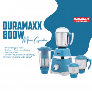 Maharaja Whiteline Duramaxx 800W Mixer Grinder with three stainless steel jars in blue and white finish