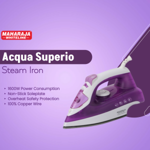 Maharaja Whiteline Acqua Superio 1800W steam iron on a purple background