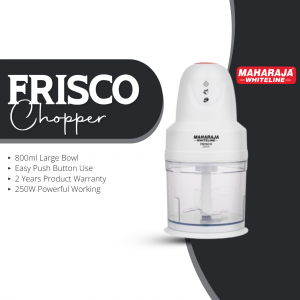 A white Maharaja Whiteline Frisco electric food chopper featuring an 800ml bowl and 250W motor.