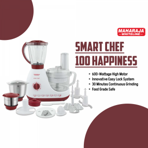 Maharaja Whiteline Smart Chef food processor with multiple attachments and a 600-watt motor.