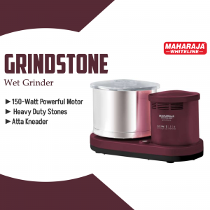 Maharaja Whiteline Grindstone wet grinder with 150-watt motor, heavy-duty stones, and atta kneader feature.