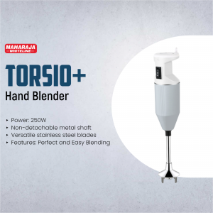 Maharaja Whiteline Torsio Plus hand blender displayed against a light grey background with features listed