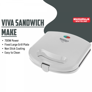 Maharaja Whiteline Viva Sandwich Maker featuring a 700W power rating, fixed large grill plate, and non-stick coating.