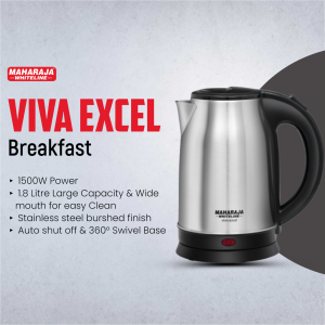 Stainless steel Maharaja Whiteline Viva Excel electric kettle with 1.8L capacity on a grey background