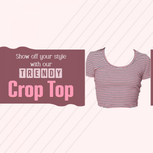 A woman wearing a fashionable striped crop top against a light pink background with text overlay.