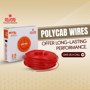 Polycab red electrical wires coil next to its product packaging box on a light background