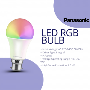 A Panasonic LED RGB smart bulb displayed next to its product specifications against a light purple and white background.