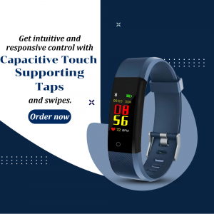 A navy blue fitness tracker with a capacitive touch screen display shown against a branded marketing background.