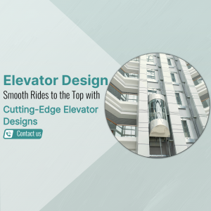 A modern glass elevator in a contemporary building with text overlay about cutting-edge design.